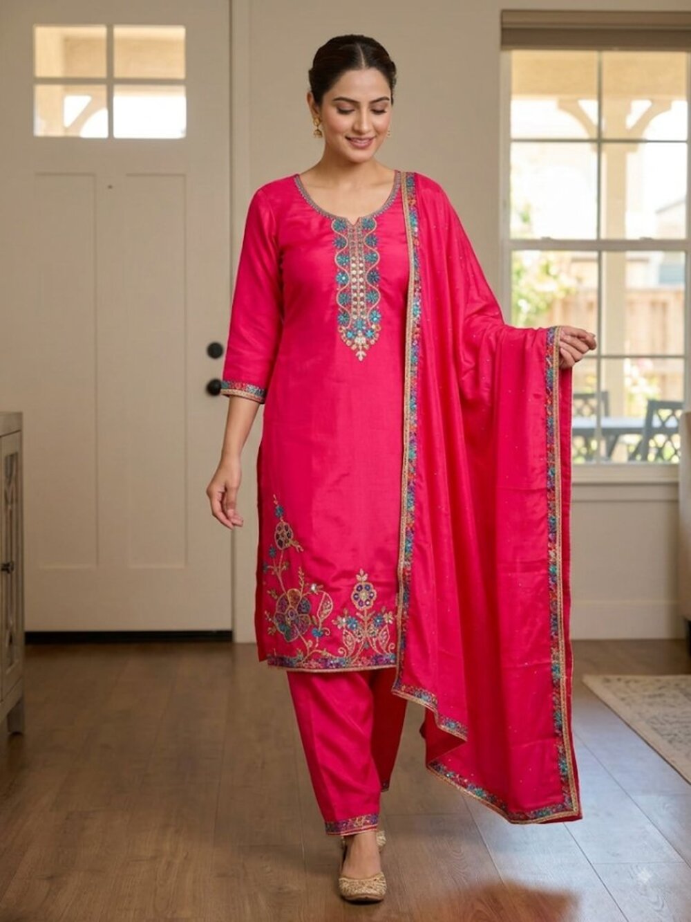 Women's Hot Pink 3-Piece Embroidered Kurta Set | Traditional Ethnic Tunic, Trous